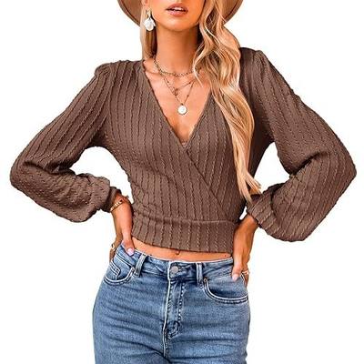 Women's Long Sleeve Crop Top V Neck Stretchy Ribbed Ruched Knit Casual Cropped T Shirt