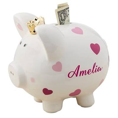 Personalization Universe Baby Girl Pink Polka Dot Personalized Piggy Bank, Ceramic Money Saving Box with Gold Mini Crown, Ideal for Kids, Girls, Baby Easter Basket Stuffers, Large Size…