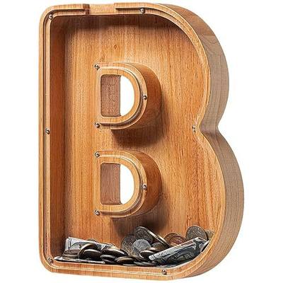 Piggy Bank for Kids Boys Girls, Large Personalized Wooden Letter Piggy Bank with Cut-Out Design, Alphabet Letter Coin Banks, Money Savings Box, Wooden Bank for Kids Creative Gifts for Real-Money(B)