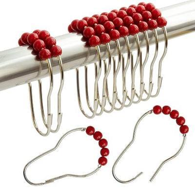 Shower Curtain Rings Hooks Decorative Acrylic Roller Balls Stainless Steel Heavy Duty for Bathroom Curtain (12pcs-Red)