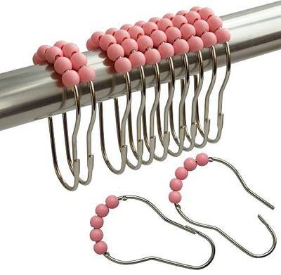 Pink Shower Curtain Hooks Stainless Steel Acrylic Balls (12pcs) | Heavy Duty Decorative Bathroom Curtain Rings/Mute/Multicolored EBAIJQUO