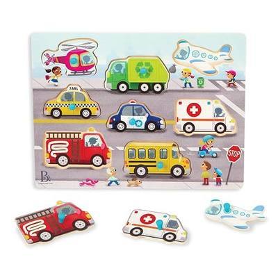 B. toys Wooden Peg Puzzle, Peek & Explore Vehicles, 8-Piece Board | Vehicle wooden puzzle with 8 easy-grasp pieces, matching pictures under each piece, board included, Wood Toys, 2+ Years