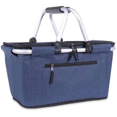 Picnic Basket, SIYUAN Collapsible Shopping Basket with Lid 27L Large Market Basket with Handles Reusable Folding Grocery Basket Insulated Cooler Bag for Picnic Travel, Blue