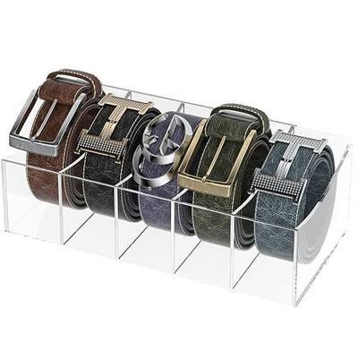Belt Organizer, Acrylic Belt Storage Holder for The Closet and Drawer, 5 Compartments Belt Container Clear Display Case for Tie and Bow Tie