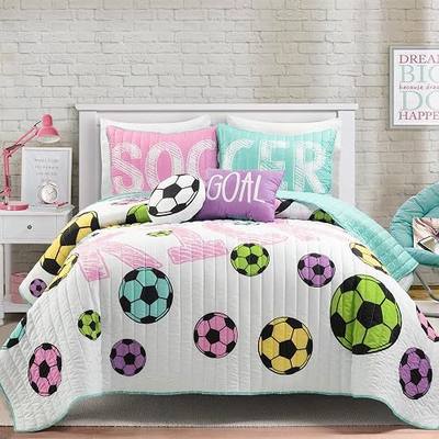 Lush Decor Girls Soccer Kick Reversible Quilt Queen Size 5 Piece Set Full/Queen White & Turquoise - Kids Bedding Set Queen Quilt - Soccer Bedding