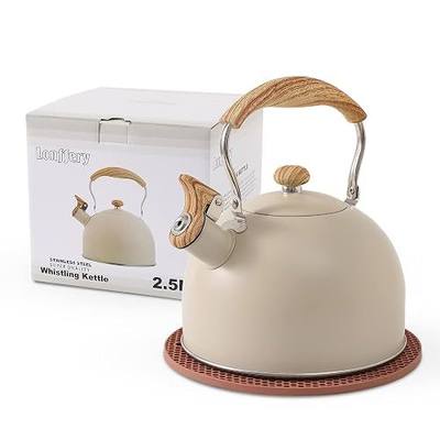 LONFFERY Tea Kettle for Stove Top, 2.5 Quart Whistling Tea Kettle, with Food Grade Stainless Steel and Wood Pattern Folding Handle, Creamy White
