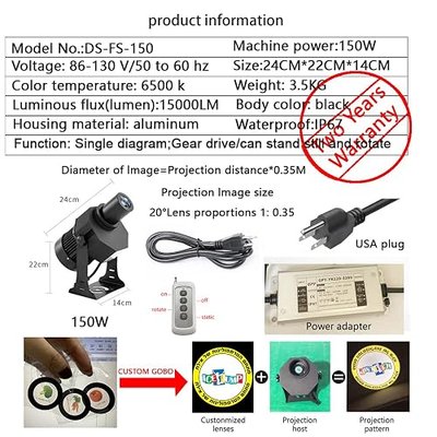 150W LED Logo GOBO Projector Ip67 Waterproof DJ Effect Light Including Free Custom Glass GOBO to Project Image for Hotel Company Store Wedding Advertising Indoor and Outdoor Use (150W)