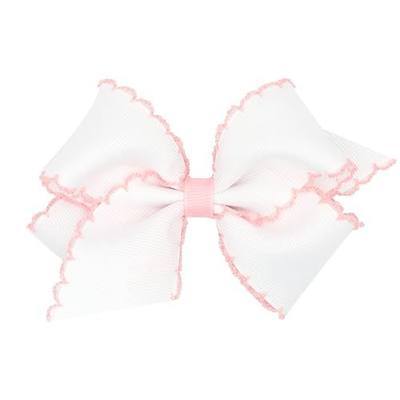 Wee Ones Girls' Classic Grosgrain Moonstitch Edge Hair Bow, No-Slip Hair Clip, Handmade, White with Light Pink, Small