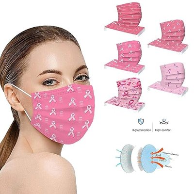 【50 Pack】 Breast Cancer Awareness Disposable Face Masks, Pink Ribbon Masks for Women Adults 3 Ply Face Protection