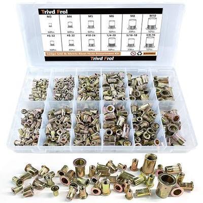 Trivd Frol Rivet Nut Tool Kit, 520pcs SAE & Metric Rivet Nut Assortment Kit w Galvanized Carbon Steel Flat Head Threaded Insert Nuts, Sizes 6-32 8-32 10-24 1/4"-20 5/16"-18 3/8"-16 M3 M4 M5 M6 M8 M10