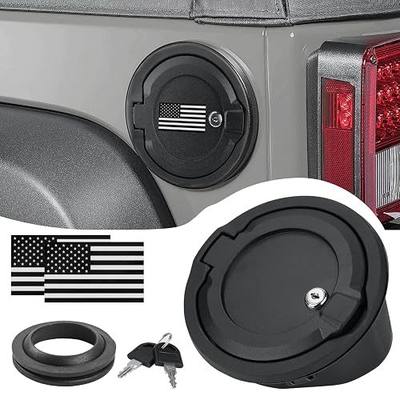Locking Fuel Filler Door Cap Black Lock Gas Cover Cap Compatible with Jeep Wrangler 2018-2024 JL & JLU 2 door and 4 door & US Flag Sticker Accessories