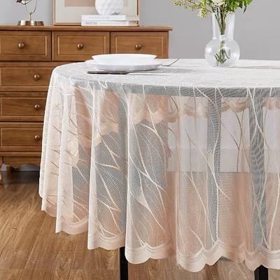 DECOPOTS Linen Round 70 inches Diameter Lace Tablecloth - Round Tablecloth with Modern Stripes Design - Dining Table Cover for 4-6 Guests (Linen, Round 70")