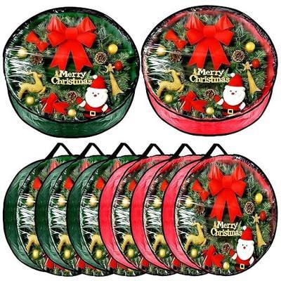 Dunzy 8 Pieces Christmas Wreath Container 24×24×7.8 Inch Wreath Storage Bag Garland Tear Resistant Fabric Round Boxes with Clear Window for Storage Xmas Holiday Ornament(Red, Green)