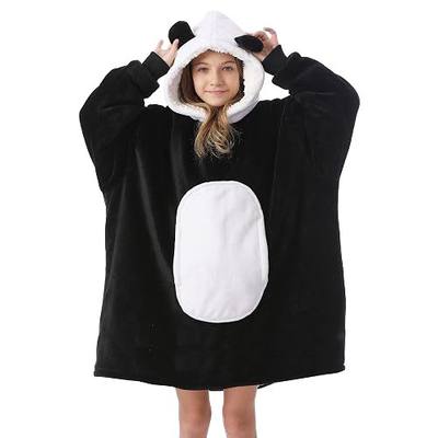 Kipswiza Panda Blanket Hoodie for Kids 6-13 Birthday Gifts, Soft Cozy Sherpa Oversized Wearable Blankets Big Hooded Sweatshirt with Ears & Pockets for Girls Boys (Black & White)