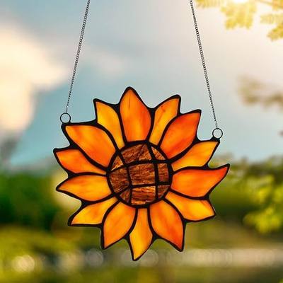 Sunflower Gifts for Mom Grandma, Sun Flower Stained Glass Window Hangings, Handmade Stained Glass Suncatcher Indoor Window Decor for for Women Birthday Gifts Memorial Day(Orange)