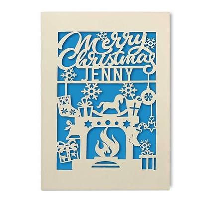 Personalized Christmas Cards Xmas Greeting Cards Holiday Cards for Kids and Adults Laser Paper Cut Stove Merry Christmas with Envelopes Custom Gifts for Daughter Granddaughter Son Grandson (Blue)