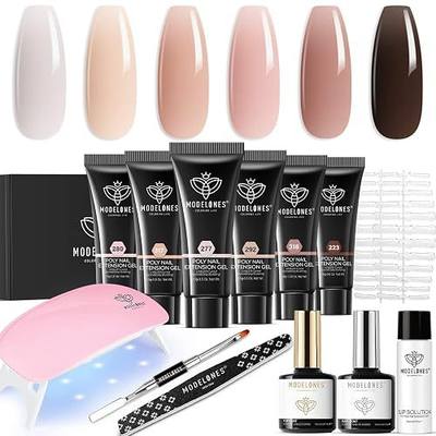 Modelones Poly Extension Gel Kit – 6 Colors Nude Pink Skin Tones Brown Poly Nail Gel Kit with Nail Lamp Complete Kit Nail Thickening Solution DIY at Home