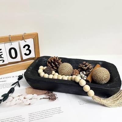 Wooden Dough Bowls Decorative,Rustic Bread Long Bowls Decor Wood Tray, Hand Carved For Table Centerpiece Decor, Home Decor (10 * 6 * 2 inch Black)