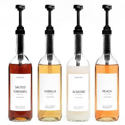Demi's Home 25.4 oz 750 ml Glass Coffee Syrup Dispenser for Coffee Bar - 4 Pack - Comprehensive Label Set & ¼ oz Pumps Included