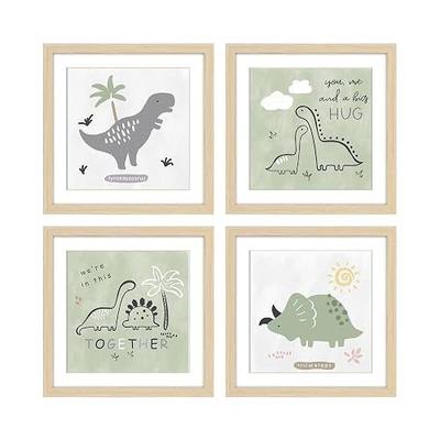 ArtbyHannah Framed Dinosaur Nursery Wall Art Decor, 10x10inch Animal Prints | 4 Pack Cute Woodland Gallery Wall Frame Set Pictures Artwork for Baby Kids Bedrooms Playrooms Baby Showers Home Decoration