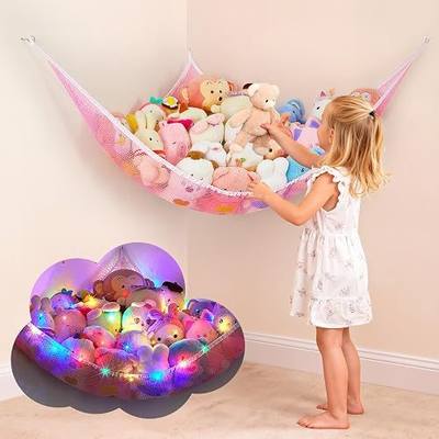 Basumee Stuffed Animals Hammock with LED Light Large Plush Toy Net Organizer Corner Stuffed Animals Storage Hanging Holder for Soft Toys Space-Saving Nursery Playroom Bedroom Decor