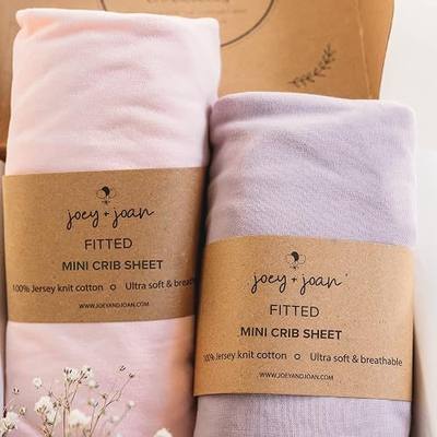Joey + Joan Mini Portable 24x38 Fitted Crib Sheets – Compatible with Dream on Me, Delta Porta Crib and Arms Reach Ideal Cosleeper – Buttery Soft 100% Cotton – Pale Pink + Lilac – 2 Pack