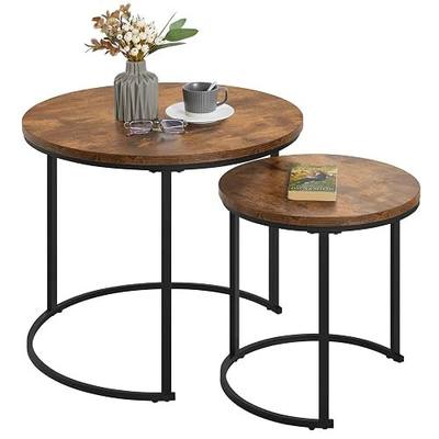 Yaheetech Small Round Nesting Coffee & Side Table Set of 2, Rustic Brown | Space-Saving Nesting Design, Engineered Wood Tops on Black Metal Frames, Use Apart as End Tables, Easy Assembly, 99 lb Max