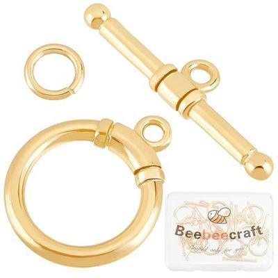 Beebeecraft 10 Sets Toggle Jewelry Clasps 18K Gold Plated | Round Ring Toggle T Bar Clasps Sets, Connectors for Necklace Bracelet Making, 17x14mm