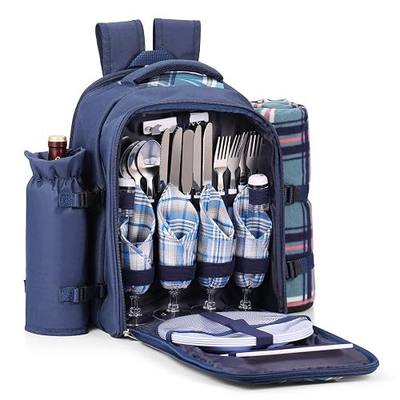 Flexzion Travel Picnic Backpack for 4 with Blanket (Blue) Wine Picnic Basket Bag 4 Person Plates, Flatware Cutlery, Glass Set, Insulated Compartment, Detachable Bottle Wine Holder