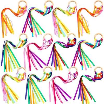 Deekin 12 Pcs Rainbow Ribbon Wooden Waldorf Toys Creative Waldorf Hand Kite Set Streamers with Wood Ring Educational Toy for Playroom Dancing Birthday(Bright Color)