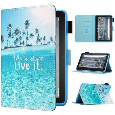 Fancity Compatible with Amazon Fire 7 Tablet 12th Generation, 2022 Release | Smart Wake Sleep Slim Case with Pencil Holder & Card Slot, non-scratch silicone Flip Stand Cover for Fire 7 Tablet, Beach