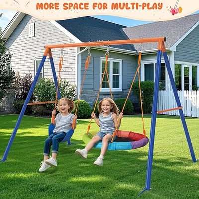 Amictoy Swing Set for Backyard, 32" Saucer and Belt Seat, 440 lb Frame | 2 swing styles in one frame: 32" saucer for sharing and 26.2" belt seat for classic swinging, built for sibling play.