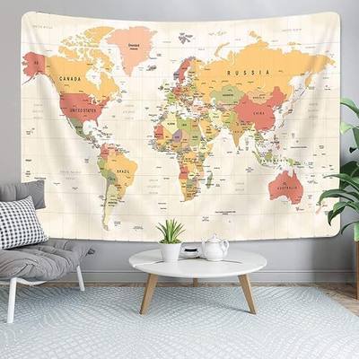World Map Tapestry, Topographic World Map, Beige, 40X30in, Wall Art, Bedroom, Living Room
