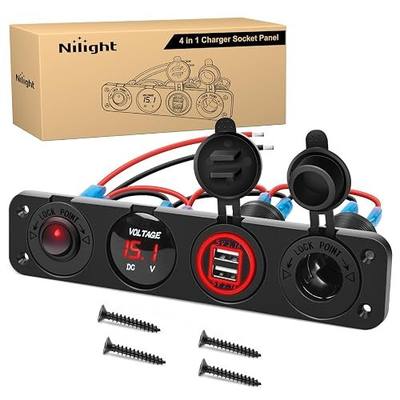 Nilight 4 in 1 ON/Off Charger Socket Panel Dual USB Power Outlet LED Voltmeter Cigarette Lighter Socket Lighted ON Off Rocker Toggle Switch for Truck Car Marine Boats RV,2 Years Warranty