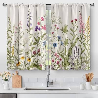 Aimego Floral Rustic Plant Kitchen Curtains - Spring Flower Botanical Farmhouse Country Green Leaves Small Cafe Short Tier Curtains for Bathroom Rod Pocket Window Drapes 24 Inch Length 2 Panels Set