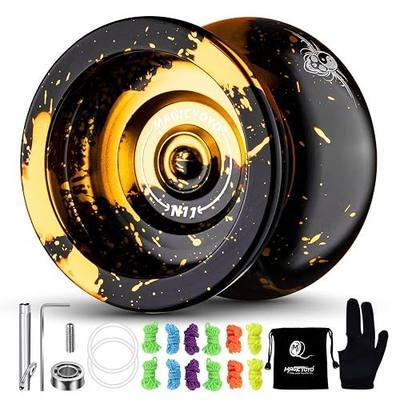 MAGICYOYO Dual Purpose Yoyo Professional N11, Responsive Yoyo for Kids 8-12 | Unresponsive Yoyo for Adults, Edge Hook Finger Spin Trick Yo yo with Glove + Bag + 12 Yoyo Strings (Black Golden)
