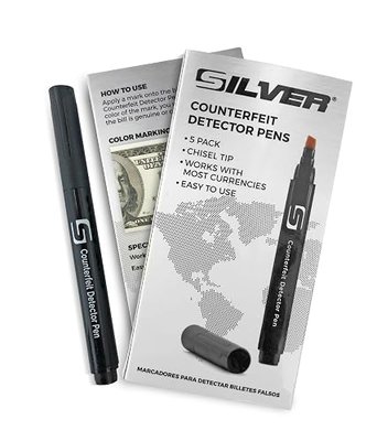 Counterfeit Detector Pens, 5 Pack | Pocket size marker checks bills from most world currencies in seconds, chisel tip for a quick clean swipe