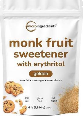 Golden Monk Fruit Sweetener with Erythritol, 4 Pounds - No After Taste - Brown Sugar Substitute, Keto Diet Friendly, Zero Calorie, Natural Sweetener for Drinks, Coffee, Tea, Cookies, No-GMO, Vegan