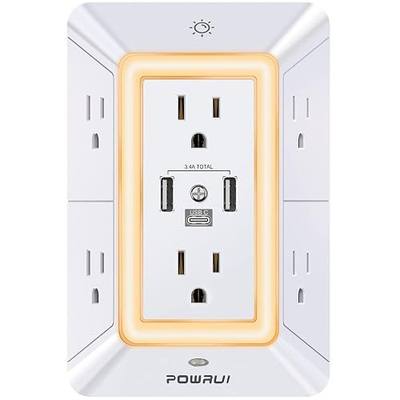 POWRUI Multi Plug 6 Outlet Surge Protector Extender with 3 USB Ports (1 USB C) and Night Light, 3-Sided Power Strip with Adapter Spaced Outlets, ETL Listed, White