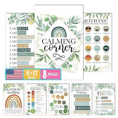 Hadley Designs 8 Calming Corner Posters for Classroom Must Haves -Calm Down Corner Supplies with Emotions Chart,School Counselor Mental Health Poster, Feelings Chart For Kids, Greenery Classroom Decor