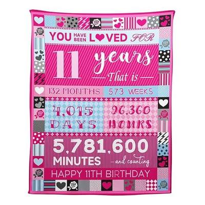 YISUMEI 11 Year Old Girl Birthday Gifts, Pink Love Rose Elements Happy Birthday Blanket, Sweet 11 Gifts for Girls Daughters Sisters Friends, 50"x60"