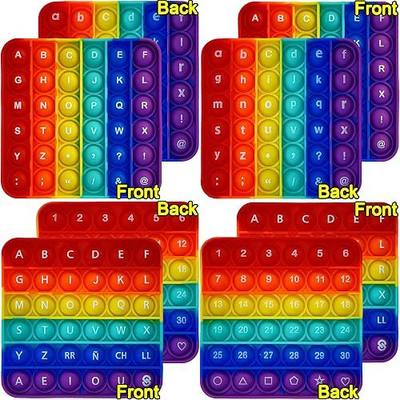Alphabet Pop Fidget Toy Letters ABC Numbers Learning and Educational Toys Square Sensory Toys Popper Games Gifts for Kids ADHD Autism 4 Packs Double Side(2 Alphabet Numbers and 2 Uppercase Lowercase) | 4 double-sided pop boards with uppercase and lowercase letters, numbers 1-30, Spanish letters, vow