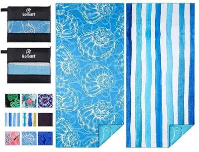 Microfiber Beach Towel Oversized 71x32, Thin, Blue with Bag 2 Pack | Lightweight Sand Free Absorbent Quick Dry Compact Extra Large for Adult Travel Camping Pool Swim Bath Cruise Essentials Gift