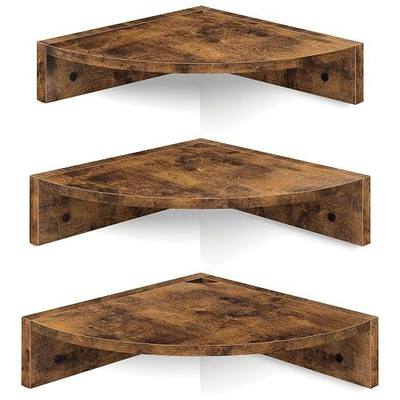 Homode Corner Shelf Wall Mount, Set of 3 Floating Corner Shelves with Cord Hole, 3 Tier Wood Wall Display Shelf, Storage for Bathroom Living Room Kitchen Bedroom, Rustic Brown and Black