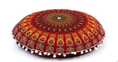 CRAFT KALA 32" Large Round Bohemian Floor Pillow Cover Boho Pouf Cover Mandala Meditation Room Pillows Cover Adults Seating Poufs Cushion Cover for Kids Reading Playroom Red Mirchi