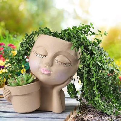 WEWEOW Face Planter Pot - Double Flower Pots in One for Indoor Outdoor Plants Resin Head Planter with Drainage Hole Cute Lady Face