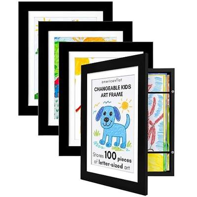 Americanflat 8.5x11 Changeable Kids Art Frame 4-Pack - Black | Holds 100 art pieces, magnetic front door, built-in keyholes for wall display, stores finished artwork