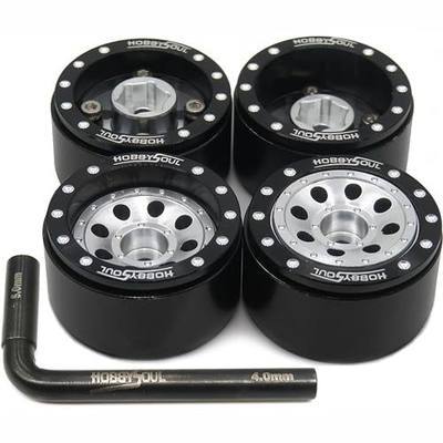 HOBBYSOUL Adjustable Offset 1.0 Beadlock Wheels Black Silver, Heavy 1.0 offset rc rims Wheels 21g/rim For 1/18 Traxxas TRX4M Axial SCX24 90081 & Other RC Micro Crawler Truck, (4-Pack)