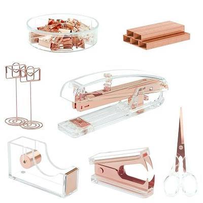 Rose Gold Office Supplies and Accessories, Office Supplies for Women with Acrylic Stapler, Staple Remover, Tape Dispenser, Scissor, Name Card Clips, Binder Clips, Paper Clips, Push Pins, and Staples