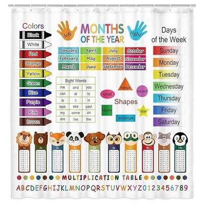 ABC Educational Shower Curtain for Kids, Learning Bathroom Decor Set with Grommets and Hooks, Multiplication Table Theme, Colorful